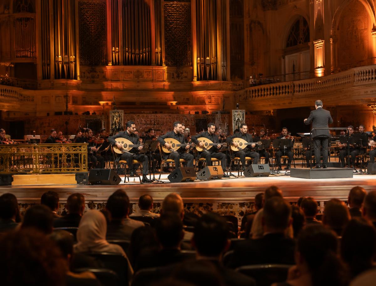 Oud ensemble performing in a concert hall
